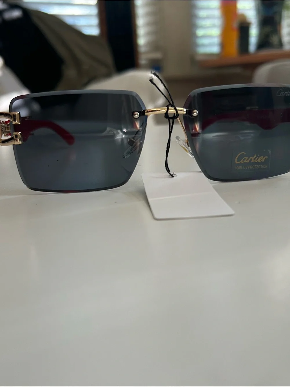 Men’s Rimless Sunglasses — Black Lenses with Red & Gold Accents